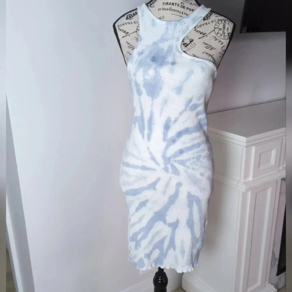 ZARA | Women's Blue/White Racerback Asymmetrical Ribbed Mini Dress